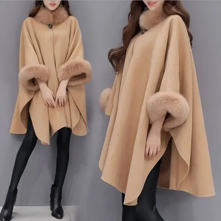 Winter Fashion Korean Version Fox Fur Collar in Long Woolen Bat Sleeves Coat Solid Color Temperament Cloak Cape Coat Women 251029