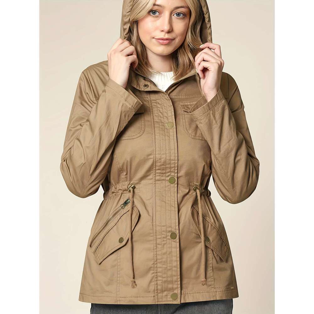 Mid Length Jacket With Hood Heavy Duty Non Stretch Fabric Zipper Closure Drawstring Waist All Season Casual Coat For Everyday Travel Office Parties Kh