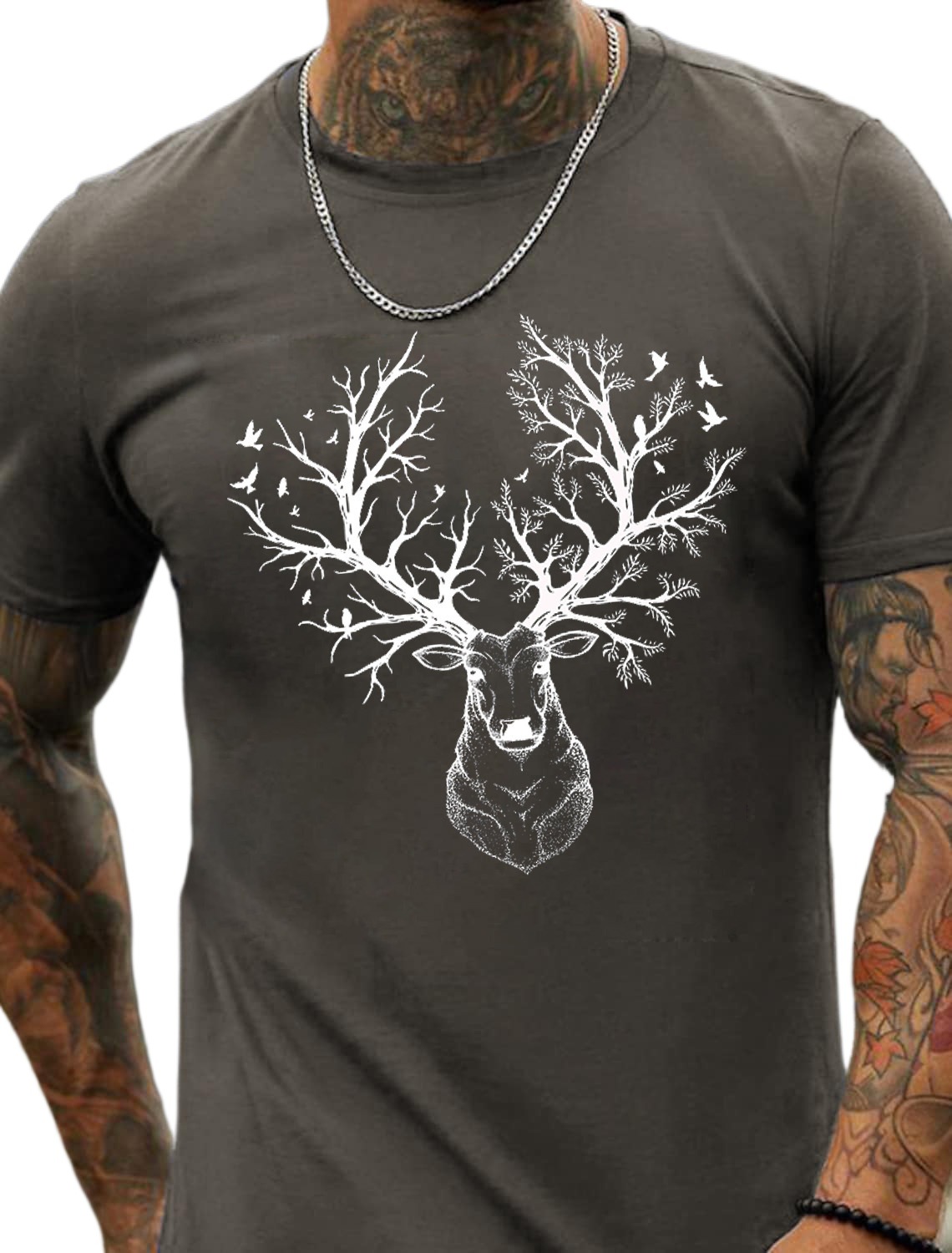Europe & USA Oversized Forest Deer Print Men's Cotton Summer T-Shirt - TT7187