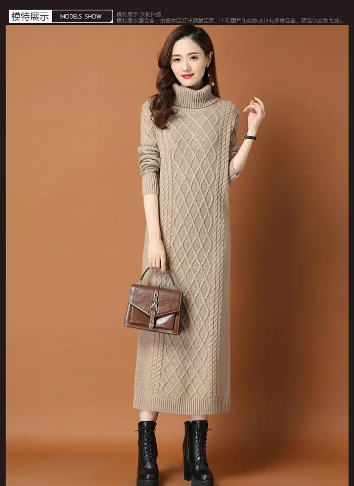 Female High Neck Long Sweater Women Thickened Autumn Winter Loose Outer Wear Twist Base Dress Femme Knit Dress Elegant 251029