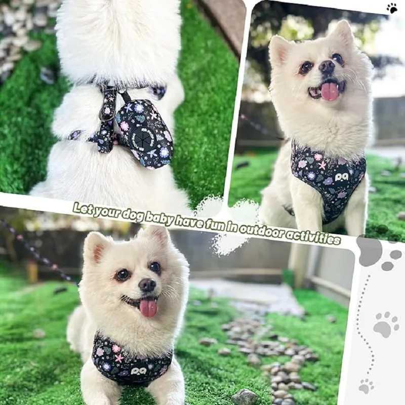 Dog harness collar leash bracket with poo bag 4 sets adjustable nonpull soft net cushion back heart combination J251129