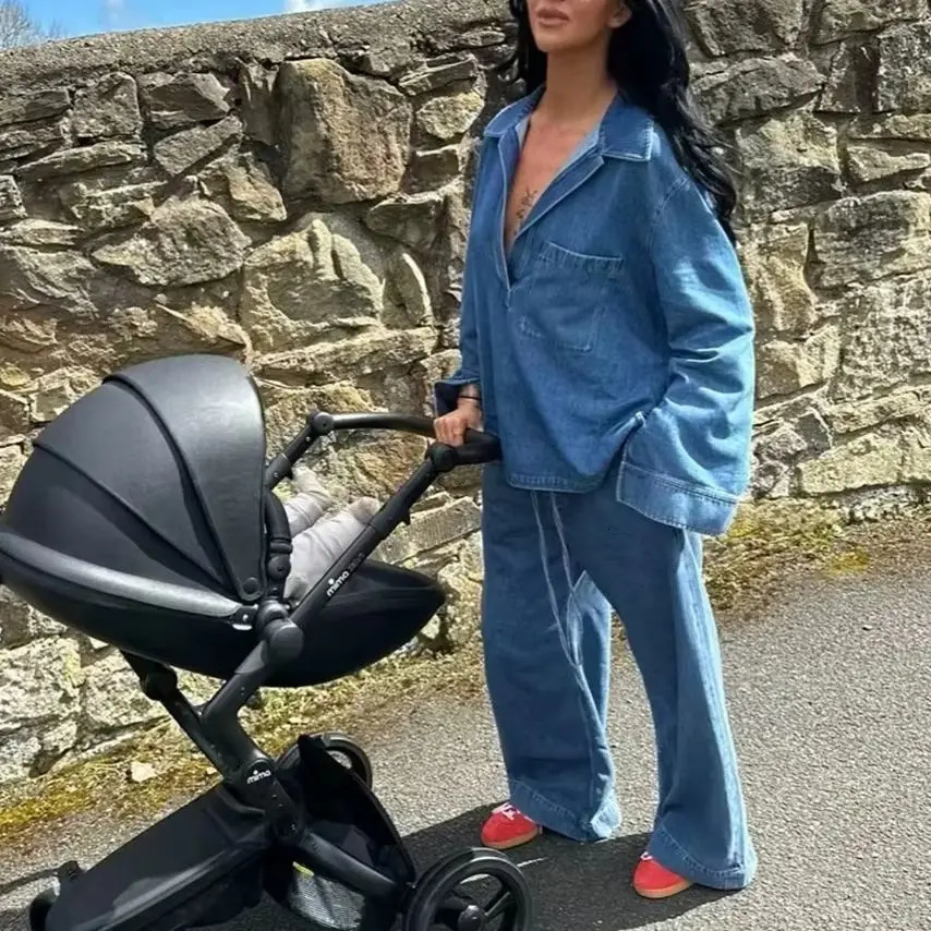 KONDALA Fall Winter Casual Denim Women Suits Fashion Vintage Turndown Collar Pocket Shirts Chic Drawstring Wide Leg Pants 251028