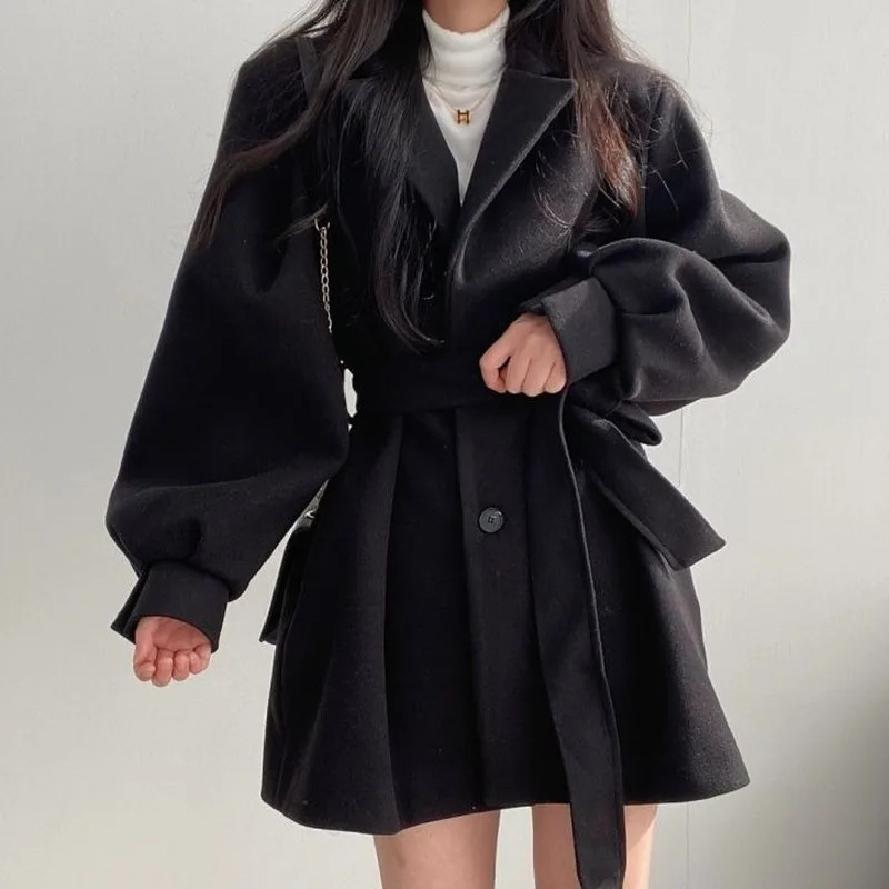 Women Solid Wool Blend Coat Slim Fit Belt Coats Female Warm Cotton Thicker Vneck Office Lady Elegant Trendy Button Outwear Ins 251028