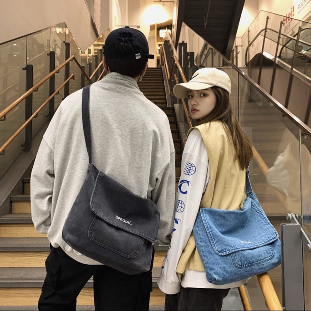 College Essential Stylish Denim Sling Pack with Tactile Design Elements