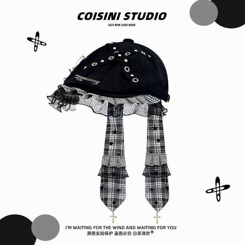 Vantage Punk Style Designer Spice Lace Berets Cap Y2K Spring and Autumn Street Trend Versatile Long Ear Streamer Womens HatsW251029