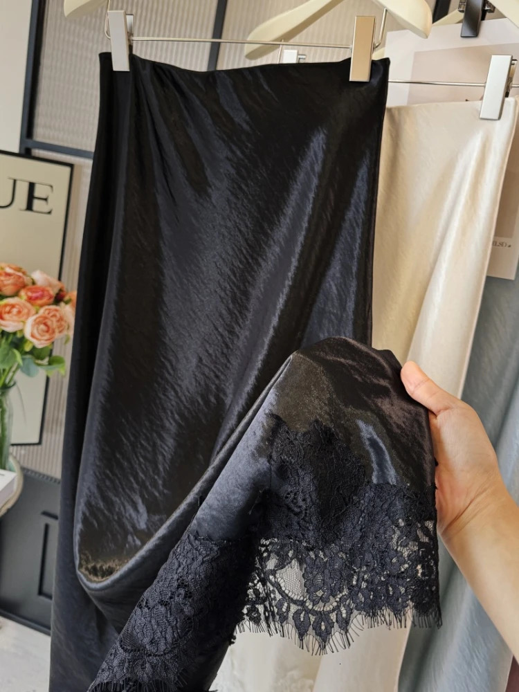 Satin Lace Patchwork Midi Skirt 2025 Women Aline Elegant Smooth Skirt Women Clothing 251028