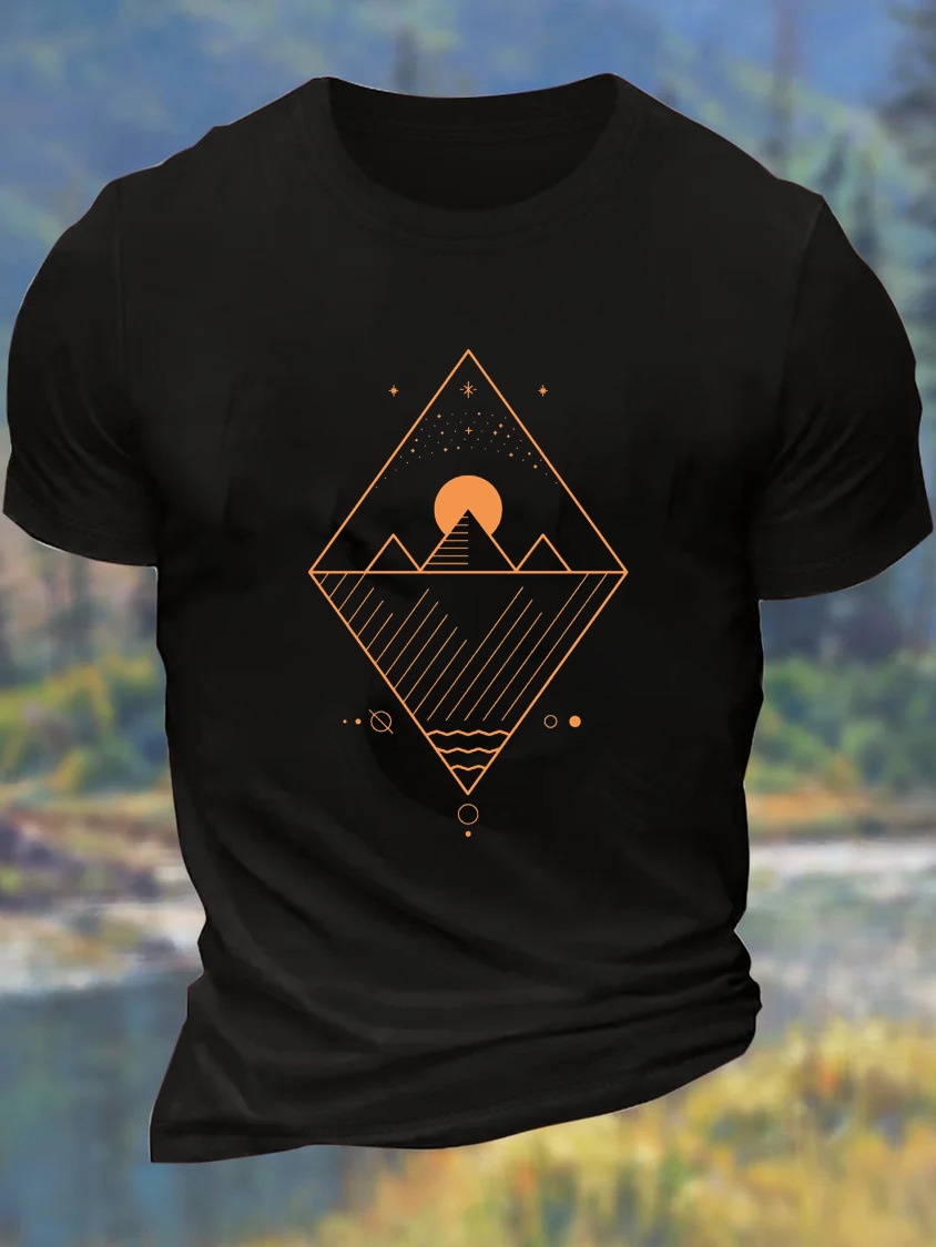 European and American Oversized Men's Mountain and Sun Stripe Pattern Cotton Crew Neck Loose Casual T-Shirt - TT7532