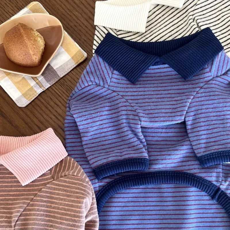 Fashion Pet Stripe Dog Clothes Autumn Pet Lapel Tshirt Teddy Warm Bottom Shirt Bichon Pomeranian Soft Puppy Two Legs Clothes C251030