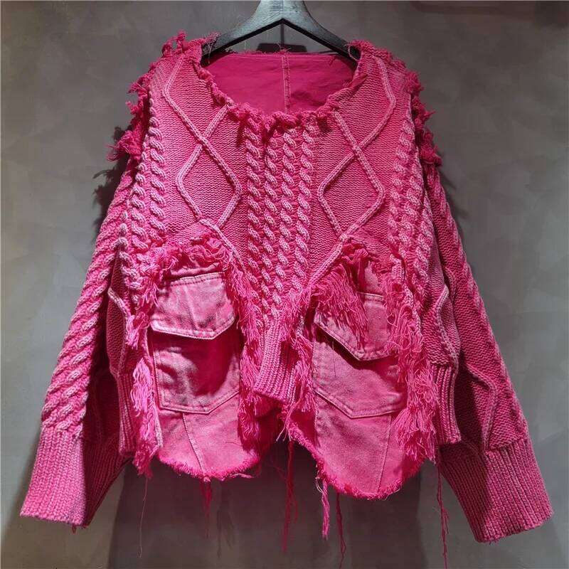 Women Pullover Long Sleeve Irregular Do Old Patchwork Pockets Vintage Washed Denim Sweater 2025 Summer New Fashion