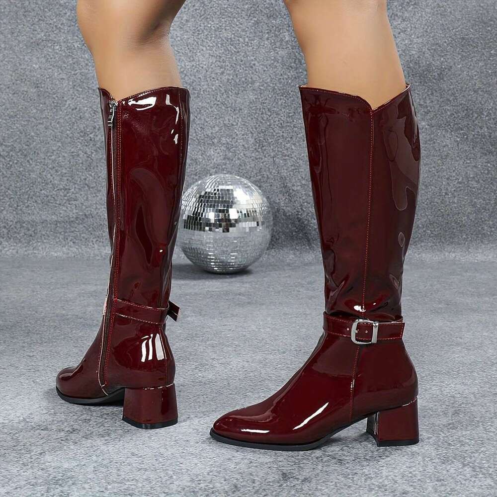 1Pr Elegant Knee-High For Women - Solid Color, Mid Block Heel, Round Toe, Side Zipper, Dress Boots With Flannel Lining And PVC Sole, Winter Veet Style