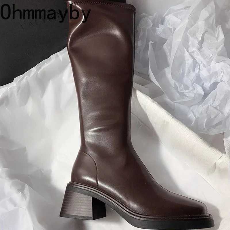 Vintage Thick Heel Women Knee High Boots Fashion Side Zippers Shoes Autumn Winter Ladies Concise Long Botas De Mujer Z251029
