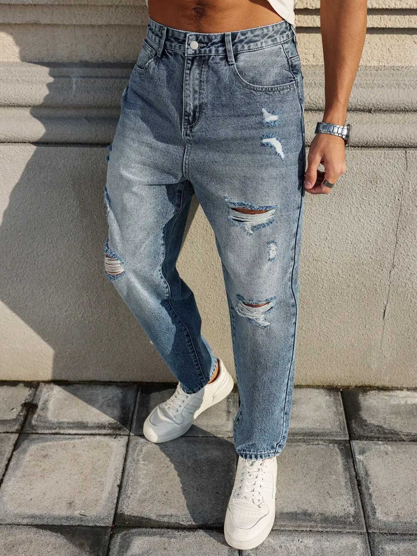 Mens blue ripped jeans retro distressed beggar pants street trend loose harem pants J251030