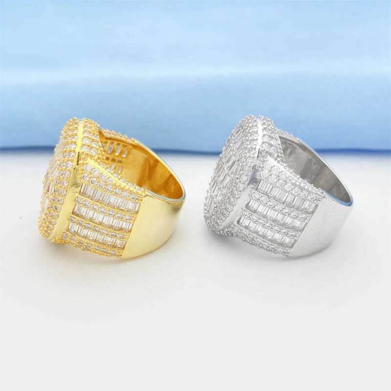 Sterling Sier Vvs Moissanite Dia Ring Iced Out Baguette Cut Hip Hop Men