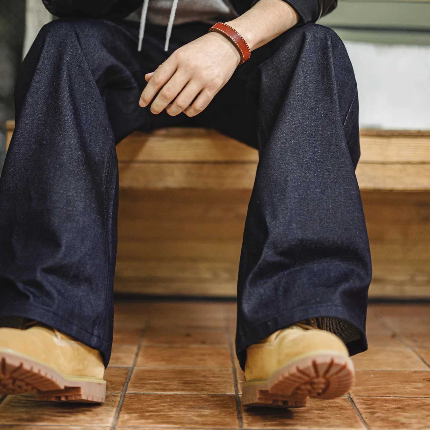 Maden Vintage Mens 156oz Selvedge Raw Denim Jeans Wide Leg Trousers with YKK Zipper Fly Straight Fit Jeans for Fall and Winter J251030