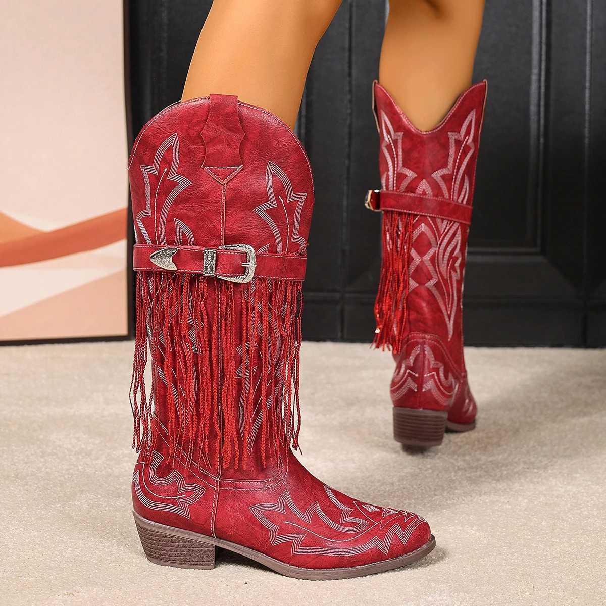 Embroidered buckle tassel western comfortable stylish versatile vacation cowboy boots for women Z251029