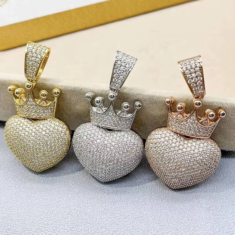 Hip Hop 925 Sterling Silver Bling Iced GRA VVS Moissanite Crown Heart Pendant Pass Diamond Tester Jewelry for Men and Women
