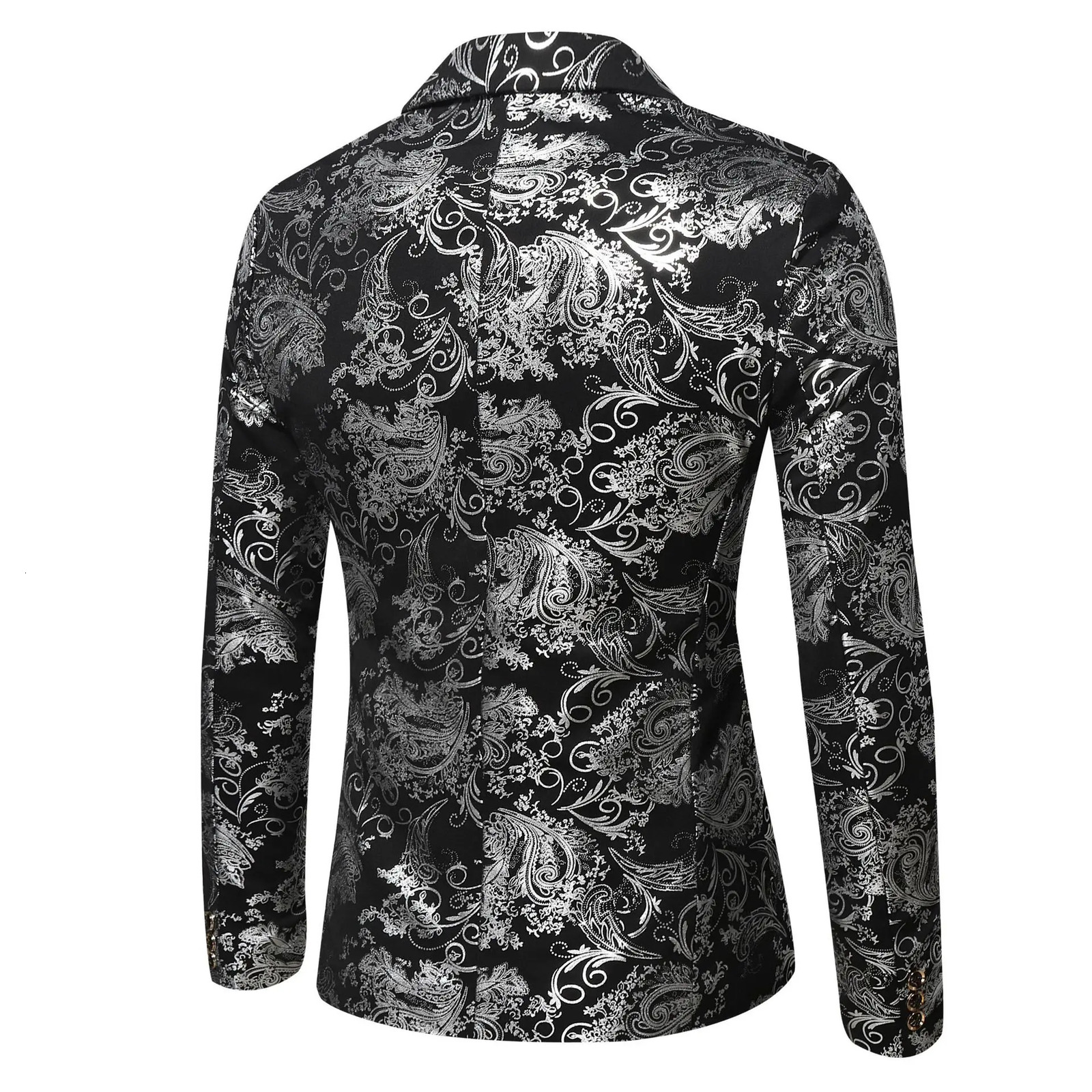 Mens Slim Fit Print Blazer Jacket Fashion Handsome Business Casual Silver Stage Show Suit Small Menswear 251028