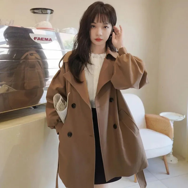Vintage Brown Short Trench Jacket Women Korean Fashion High Street DoubleBreasted Windbreaker Autumn Winter Waistband Outwear 251030