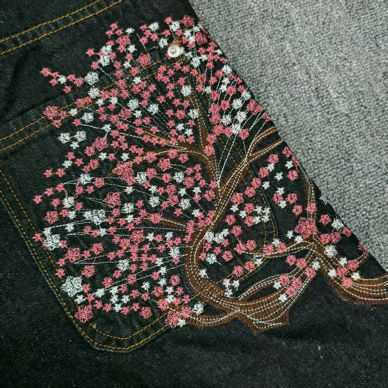 Y2K 2000s Cherry Blossom Pocket Embroidery Fashion Hip Hop Loose Men And Women Clothing Retro Casual Wide Leg Streetwear 251029