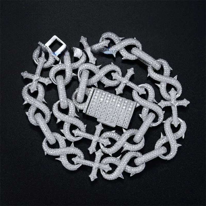 Hiphop16mm Sier Inlaid Mosan Full Cuban Chain Men's Dense Dia 8-line Hip Hop Necklace Bracelet