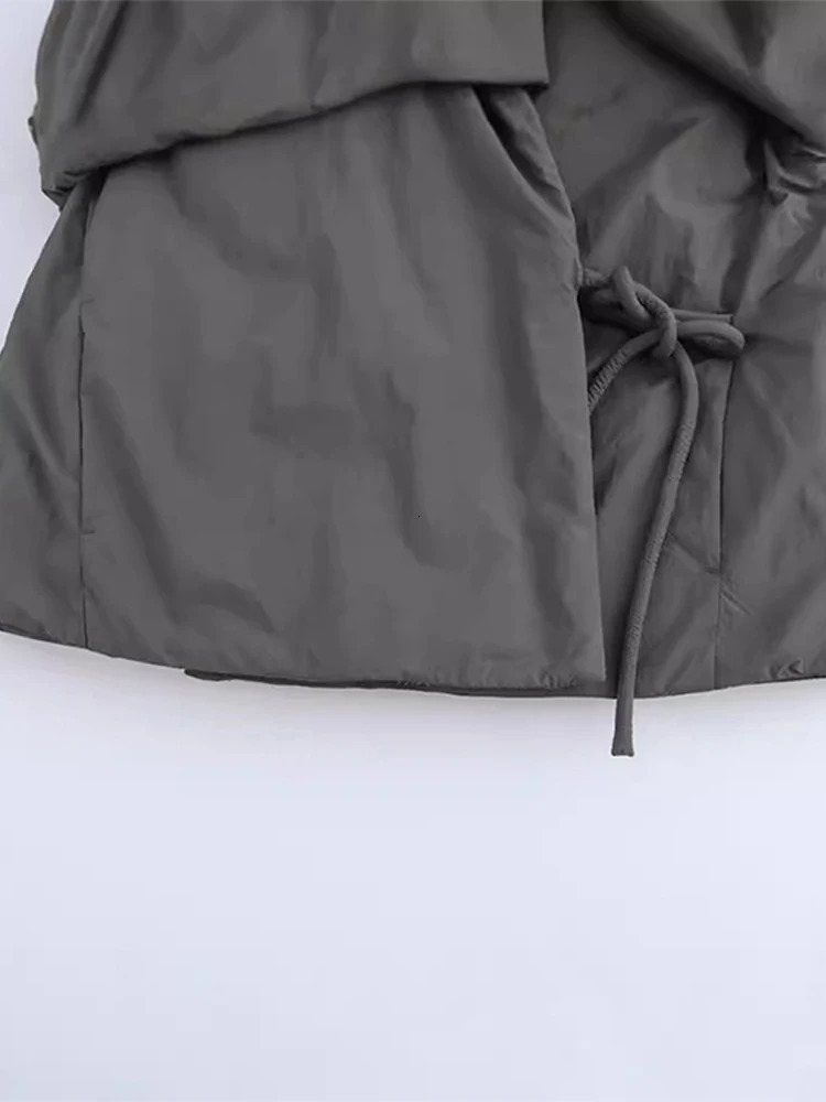 Casual Gray Lace Up Coat Women Cotton Vneck Pocket 2025 Autumn Thick Jackets Female Chic Street Allmatch Outwear Tops 251030