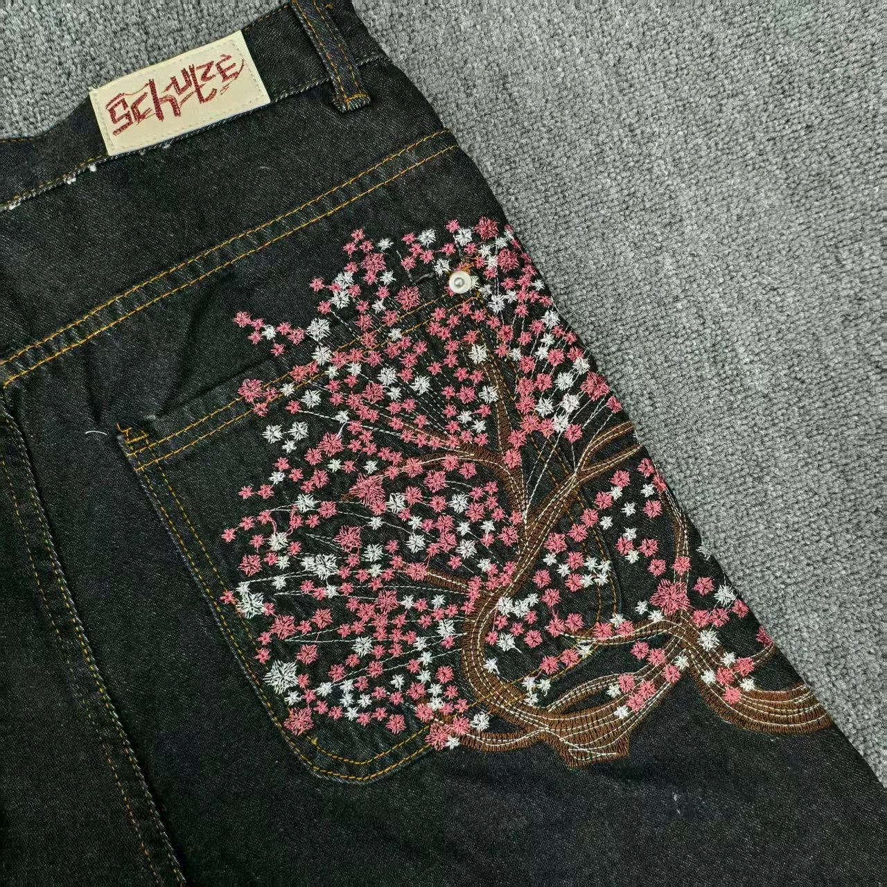 Y2K 2000s Cherry Blossom Pocket Embroidery Fashion Hip Hop Loose Men And Women Clothing Retro Casual Wide Leg Streetwear 251029