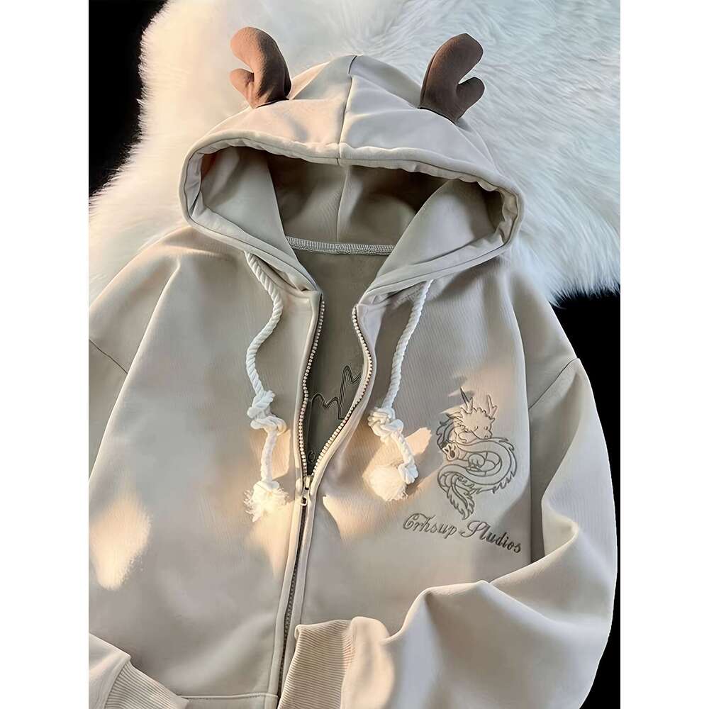Women S Thick Fleece Lined Sweatshirt With Intricate Dragon Star Embroidery Cozy Winter Pullover Hine Washable Casual Outerwear Cute Sweatshirts Autum