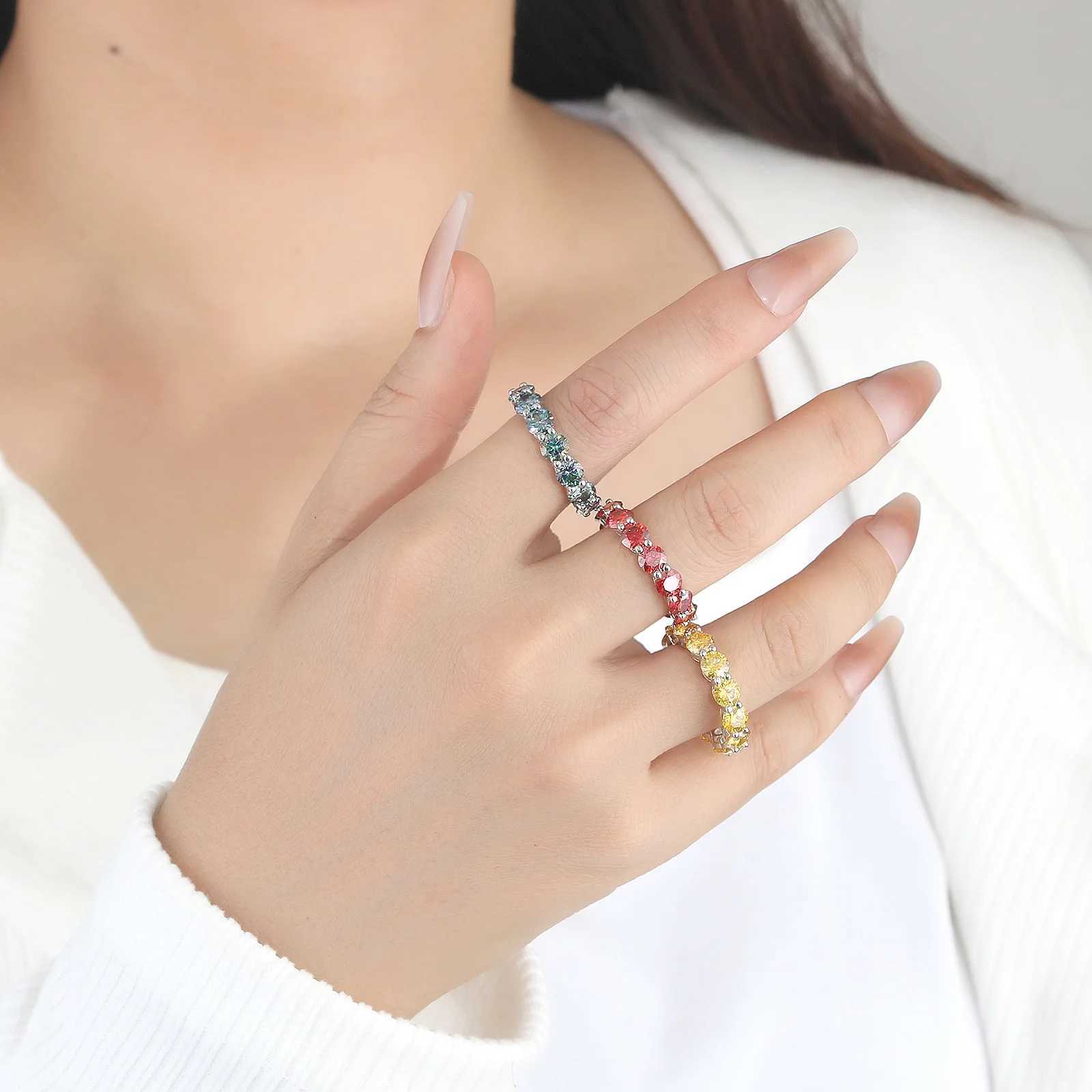 S925 sterling silver platinum plated 50 points full circle colored moissanite ring women full diamond ring birthday giftW251030