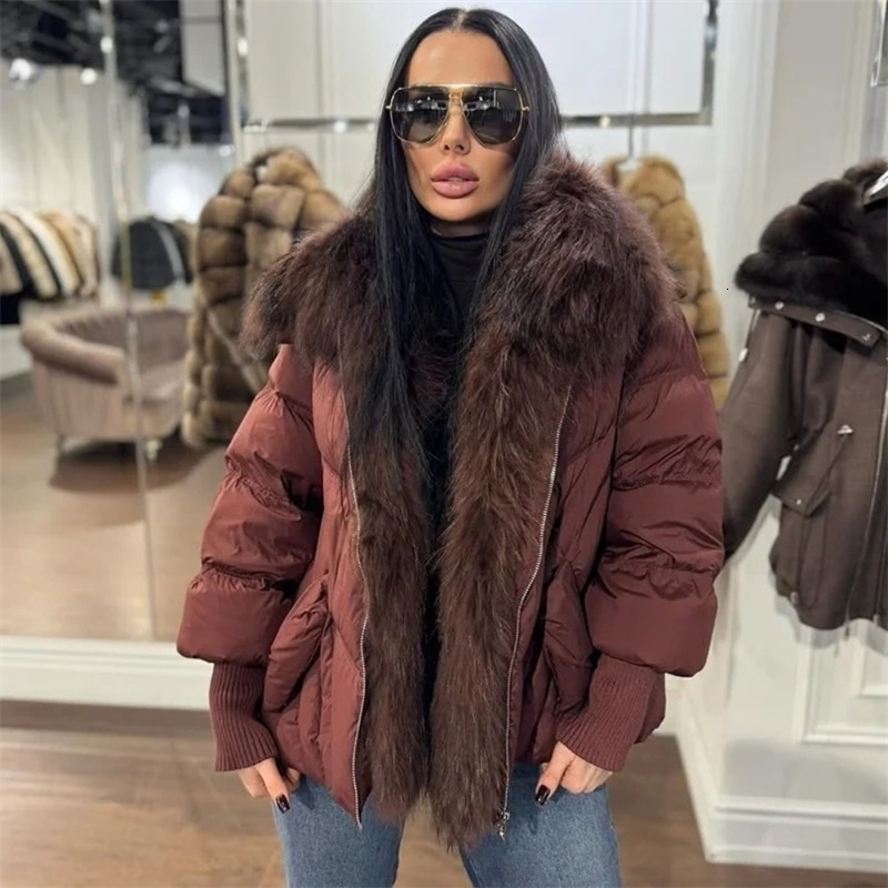 OFTBUY Winter Large Real Raccoon Fur Puffer Coat Women Oversized Feather Down Parka Knit Sleeve White Duck Down Jacket 251029