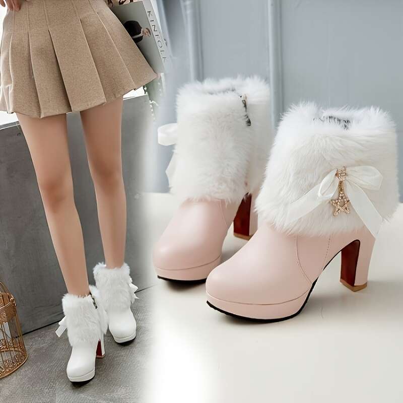 Women's Kawaii /Korean Style Sweet Bow Thick Platform High-Heel - Winter Warm Round Toe Short With Zipper Closure, Faux & Rubber Sole, Pink Ankle