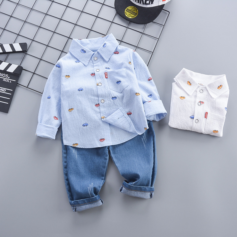Car Cartoon Print Boys' 2-Piece Set - 2025 Fall Long Sleeve Shirt and Pants Outfit, Cute Casual Clothes for Toddler Little Kids