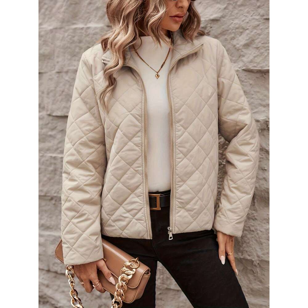 Quilted Women Quilted Beige Jacket Women Long Sleeve Zip Up Coat With Stand Up Collar Front Zipper Closure Warm Outerwear For Fall Winter Everyday For