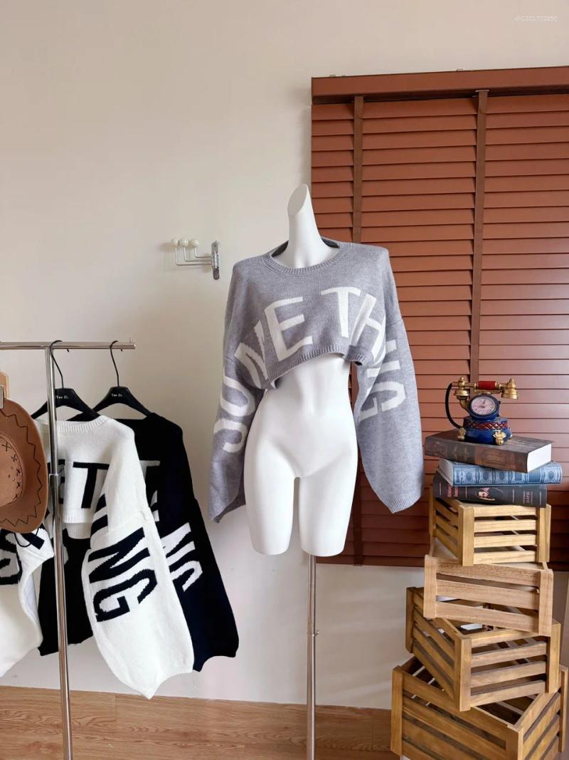 Women's Sweaters Letter Print Loose Crop Sweater Spring Autumn Casual O Neck Lady Solid Color Pullover Large And Long Sleeve Short Jumper