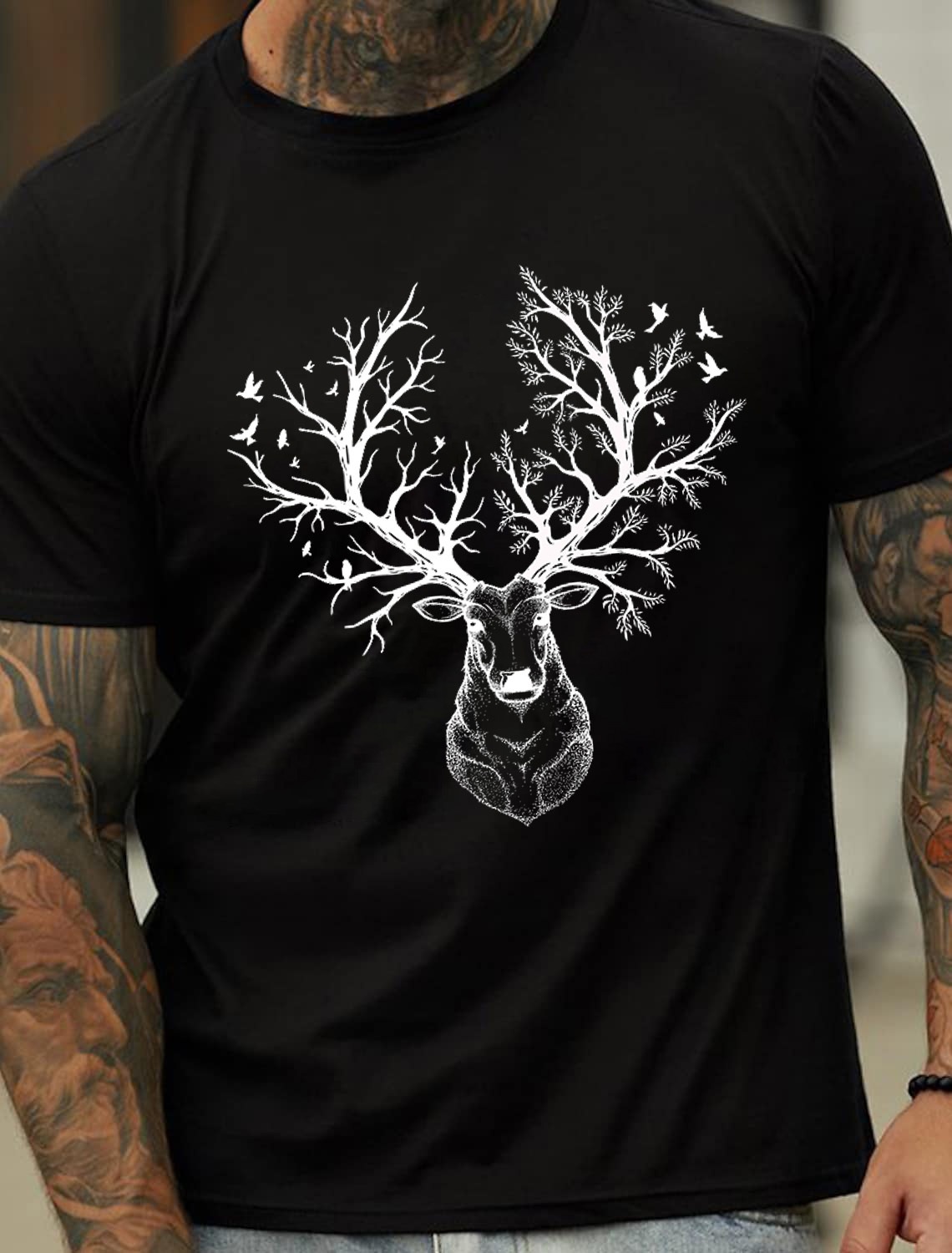 Europe & USA Oversized Forest Deer Print Men's Cotton Summer T-Shirt - TT7187