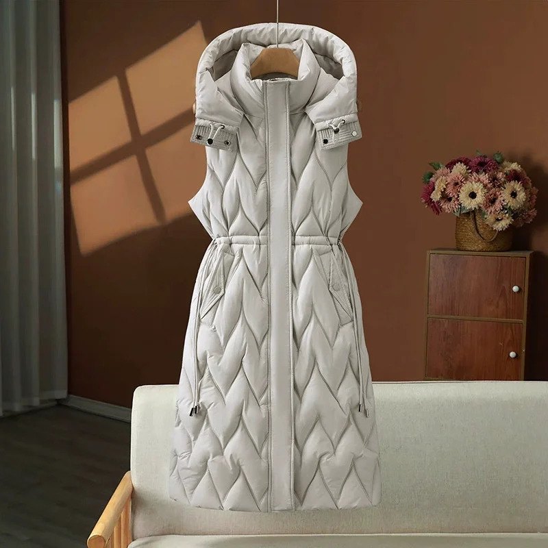 Women Autumn Winter Coat Mid Long down Cotton Vest Korean Hooded Sleeveless Jacket Female Waistcoat Outwear Chaleco Mujer 251024