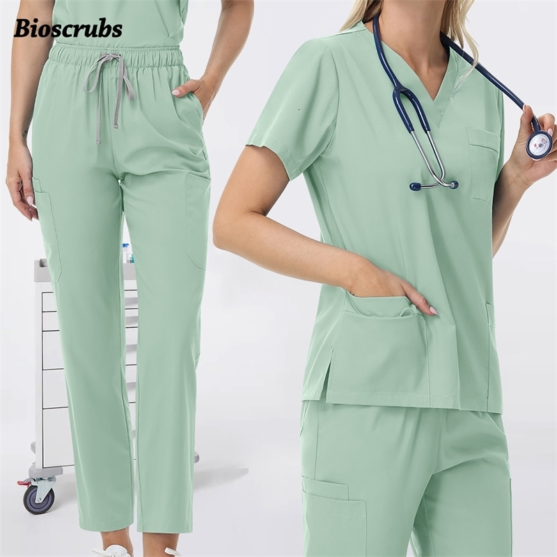 Unisex Straight Pants Suit 2 Piece Suit Beauty Work Wear Uniforms Women Nurse Clothes Pockets Top Nursing Pants 251029