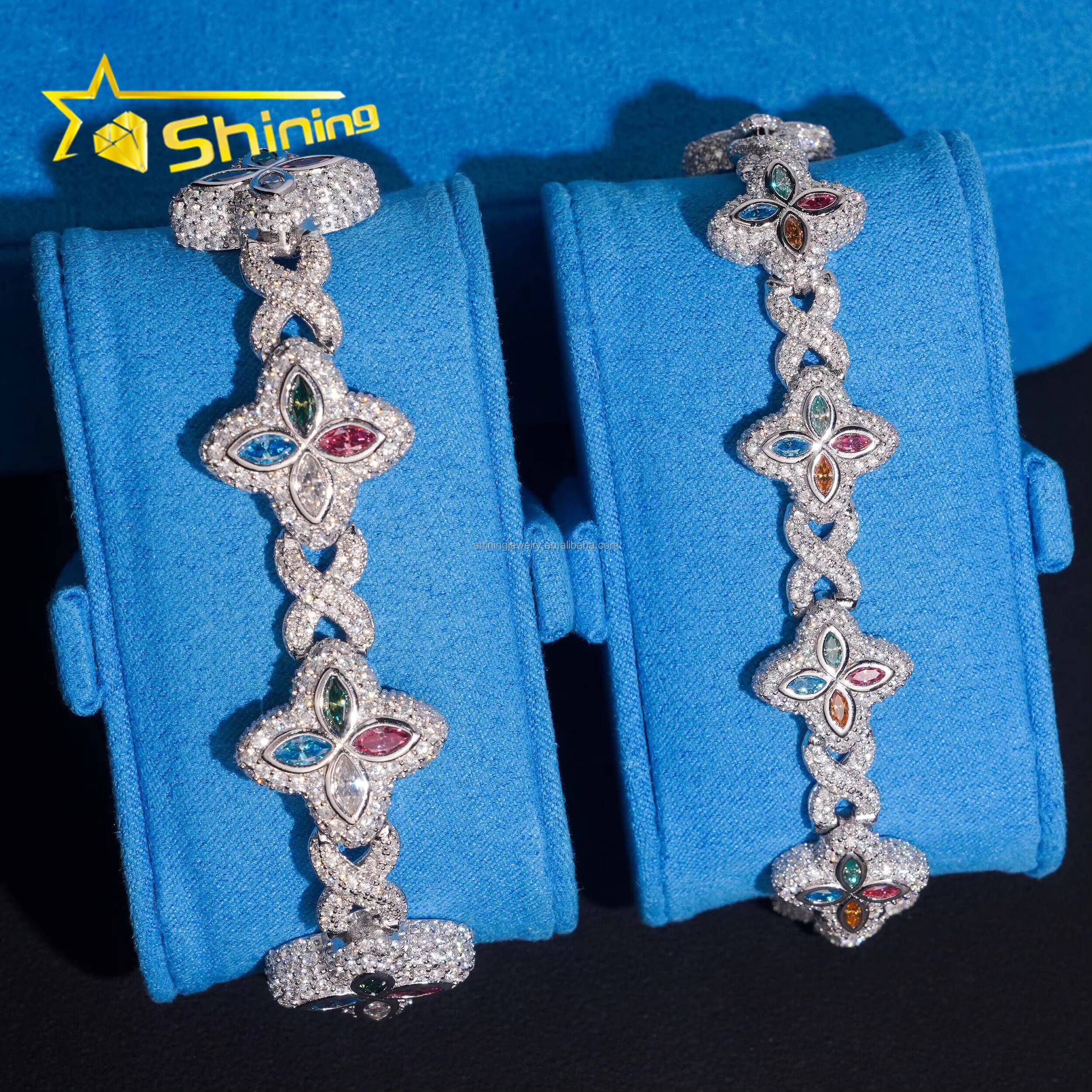 Unique Design Luxury Jewelry Hot Selling Hip Hop Mulit Color Marquise Moissanite Iced Out S925 Silver Cuban Clover Bracelet Men