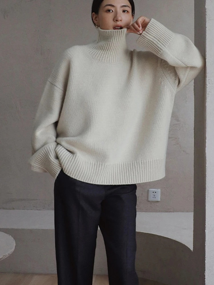 High Neck Pullover Sweater Korean Version Cashmere Loose Lazy Style Silhouette Knitted Bottoming Shirt 251028