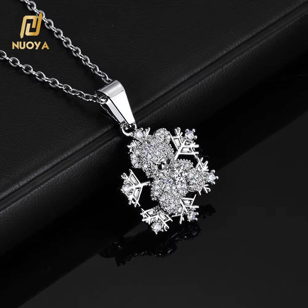 NUOYA Custom Bear Shape Snowflake Pendant Necklace Silver Plated Iced Out moissanite Charm Pendant for Christmas Gift Jewelry Designer's style