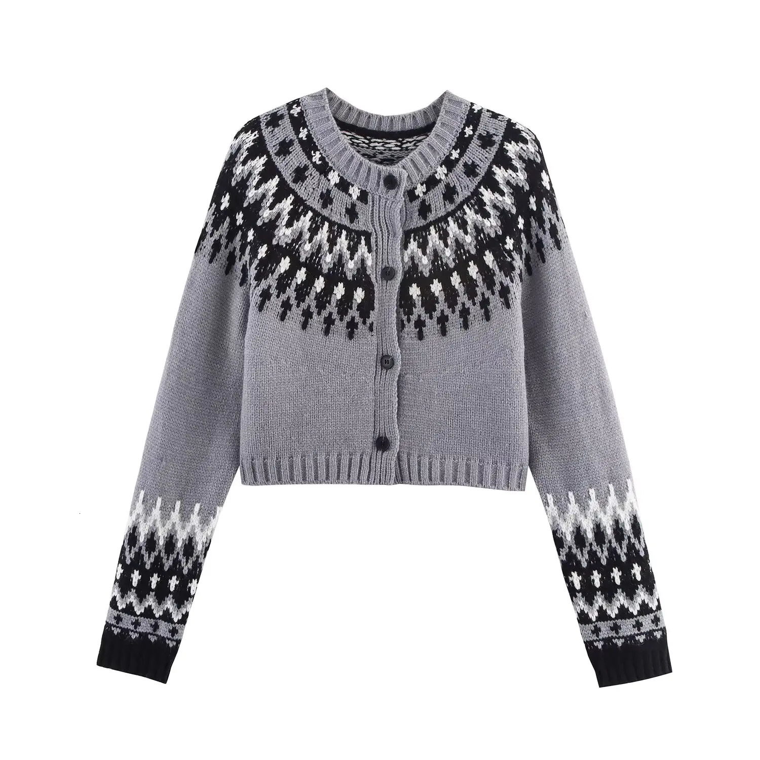 DiYiG Women Autumn Fashion Short Jacquard Knitted Cardigan Chic Round Neck Joker Button Jacket Outerwear Mujer 251028