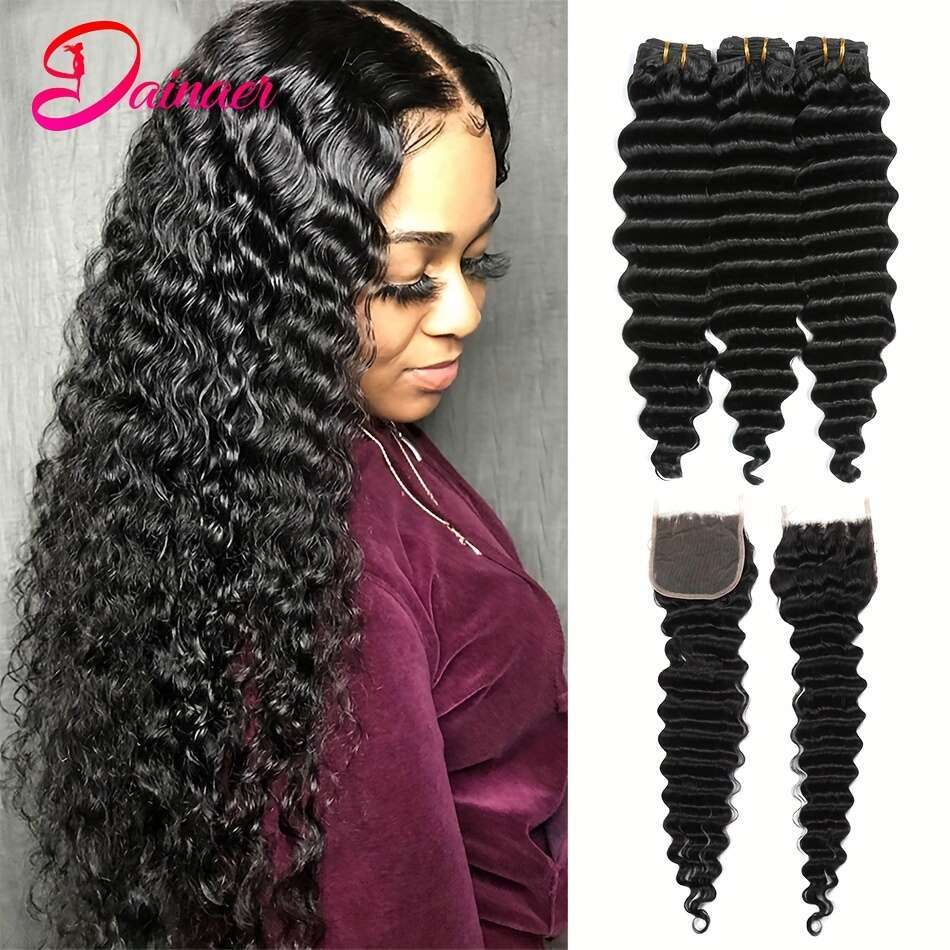 3 Bundles Human Hair Extensions With 4X4 Transparent Lace Closure - Free Part, Natural Black, Long Curly Style, Versatile For All Ethnicities, Ethnic 