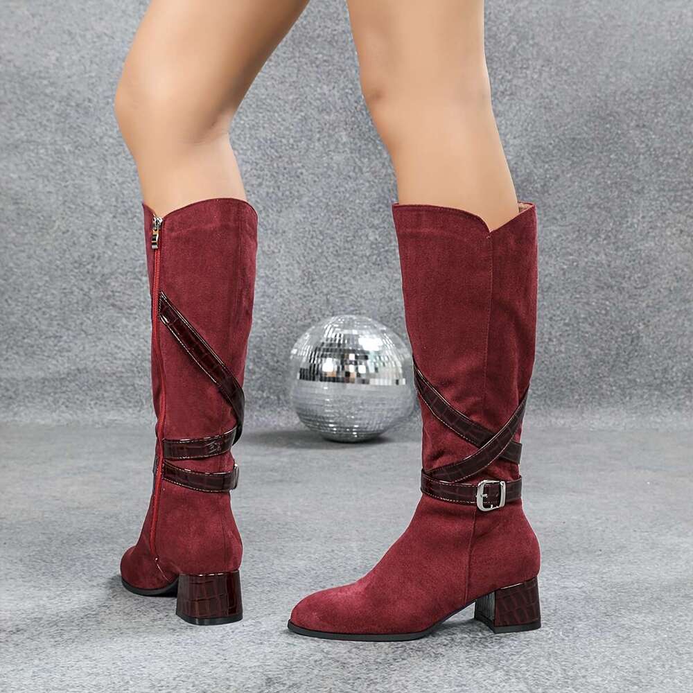 Elegant Bury Knee-High With Chunky Heel, Side Zipper, And Buckle Straps - Women's Round Toe Winter Knight Boots, High Heel Boots