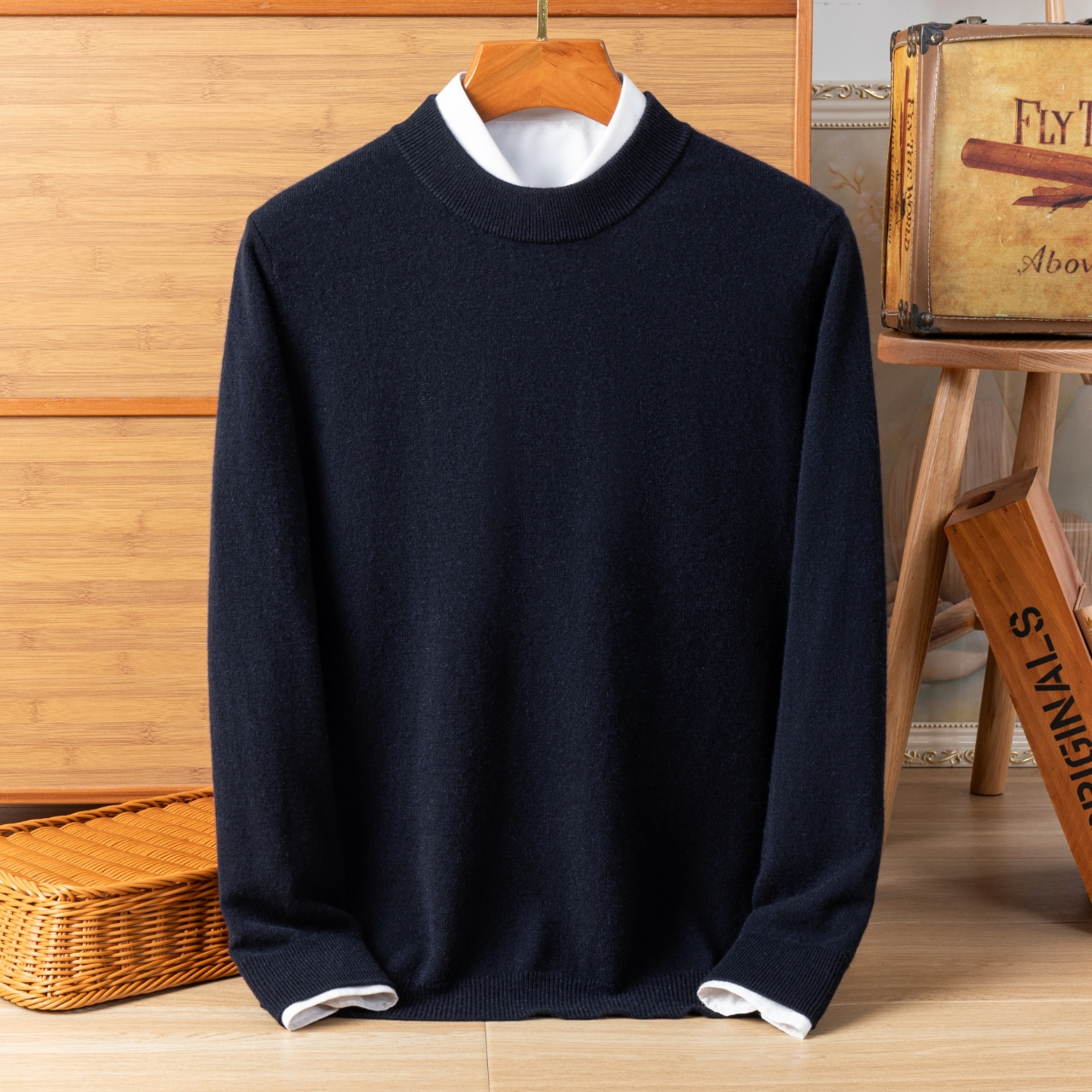 100% pure cashmere sweater men's thick warm round neck sweater solid color long sleeved knitted sweater