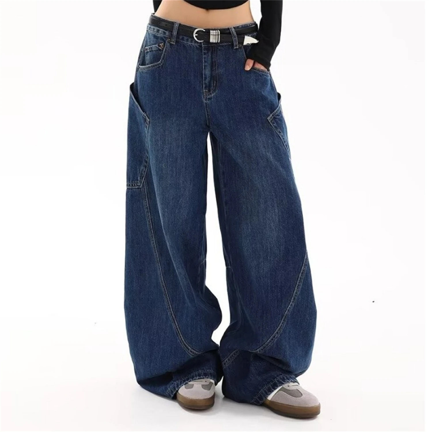 Y2K Womens Vintage Baggy Wide Leg Jeans High Waist Loose Denim Pants with Large Pockets Streetwear Trousers 251029