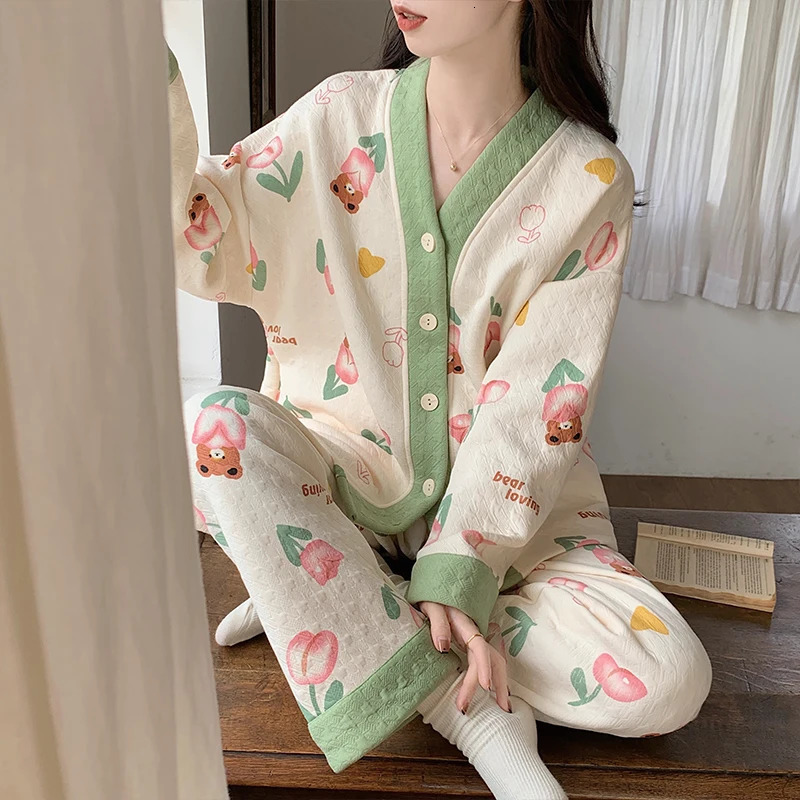 Womens Winter Pajama Set Layered Cotton with Pink PipingFloral Print Lightweight Warmthair Cotton Homewear Thermal Pajamas 251029