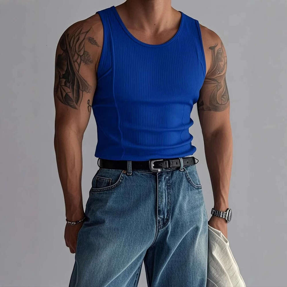Summer Knitted Vertical Striped Fitness Sports Casual Slim Fit Tank Top Men's Sleeveless Wide Shoulder Vest Men