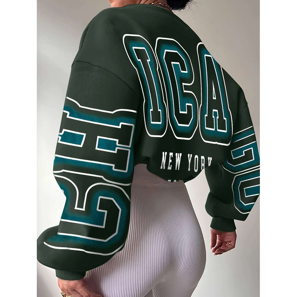 Women's Oversized Graffiti Letter Print Sweatshirt - Bold "New York" Graphic In Teal & Black, Crew Neck Casual Pullover, Hine Washable 
