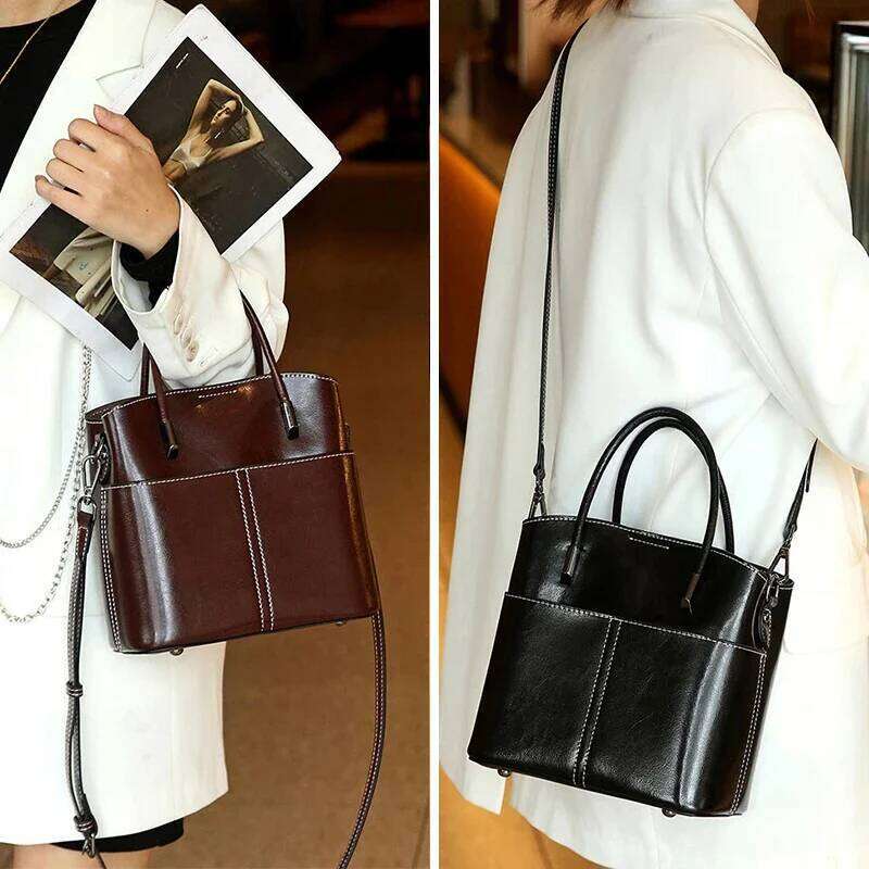 Cowhide Women's Tote Bags Handbags 2025 New Genuine Leather Women Shoulder Crossbody Fashion Female Bucket Bag 8266