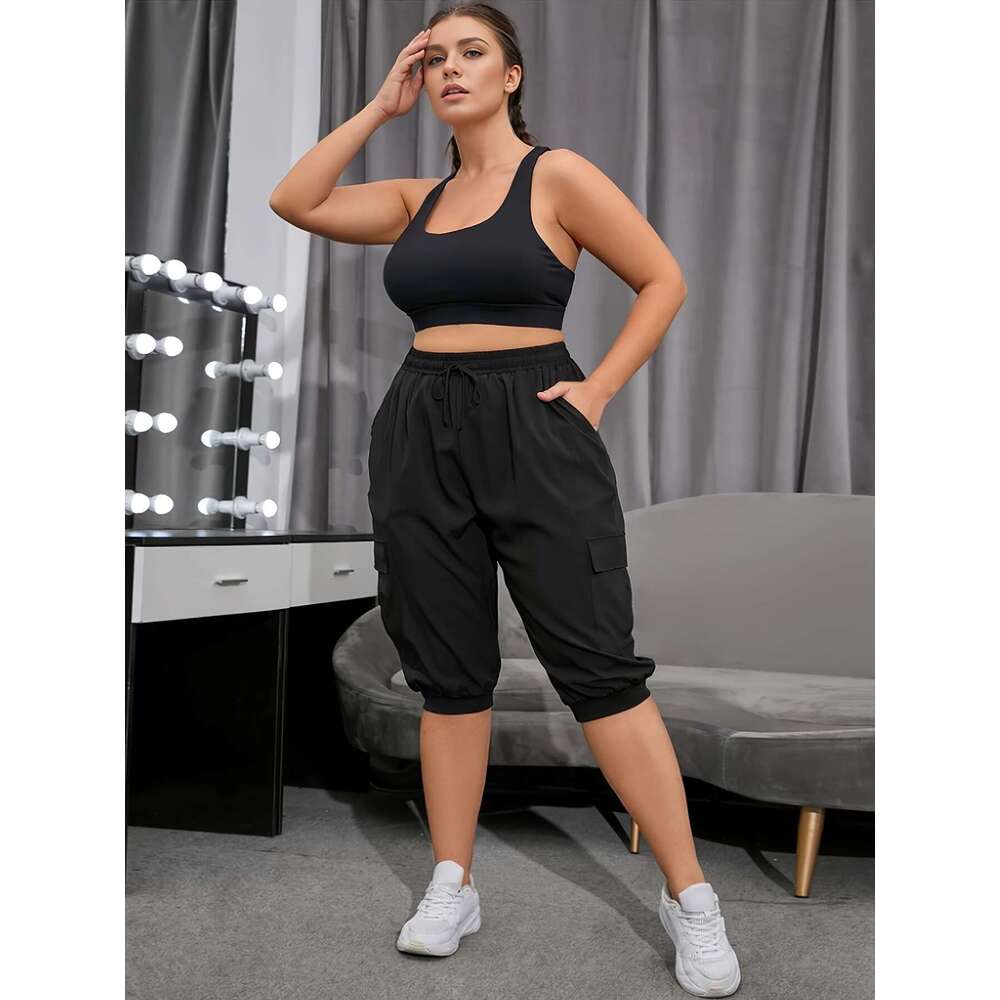 Women's Plus Size 3pcs Yoga Capri Pants with Side Flap Pockets & Drawstring Waist - Lightweight, Breathable Casual Sportswear