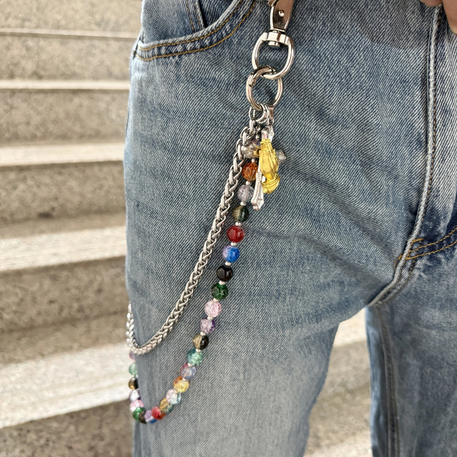 Original handmade punk style neutral denim pants chain colorful round bead fashion bag pendant 251021